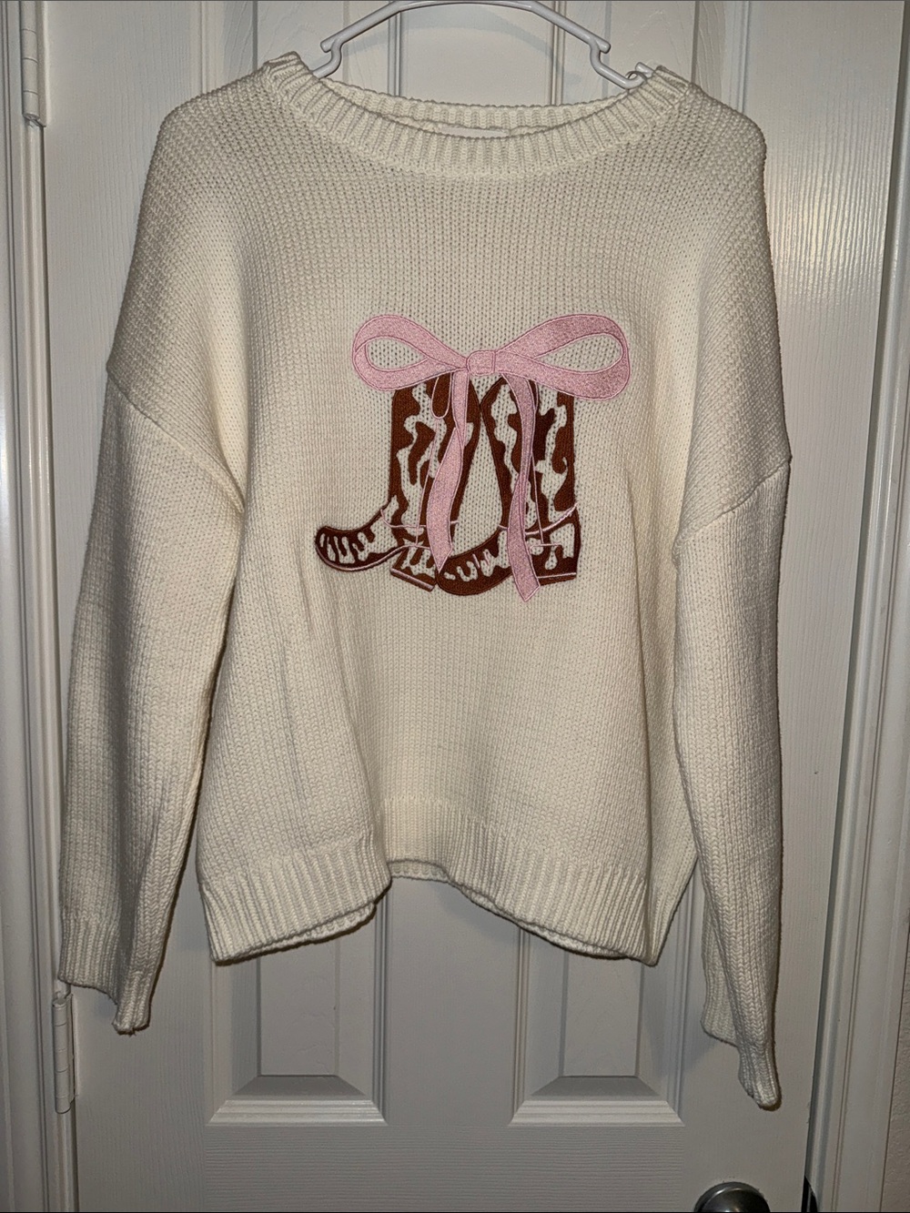 Cream Sweater with Pink Bow & Brown Cowboy Boot Motif